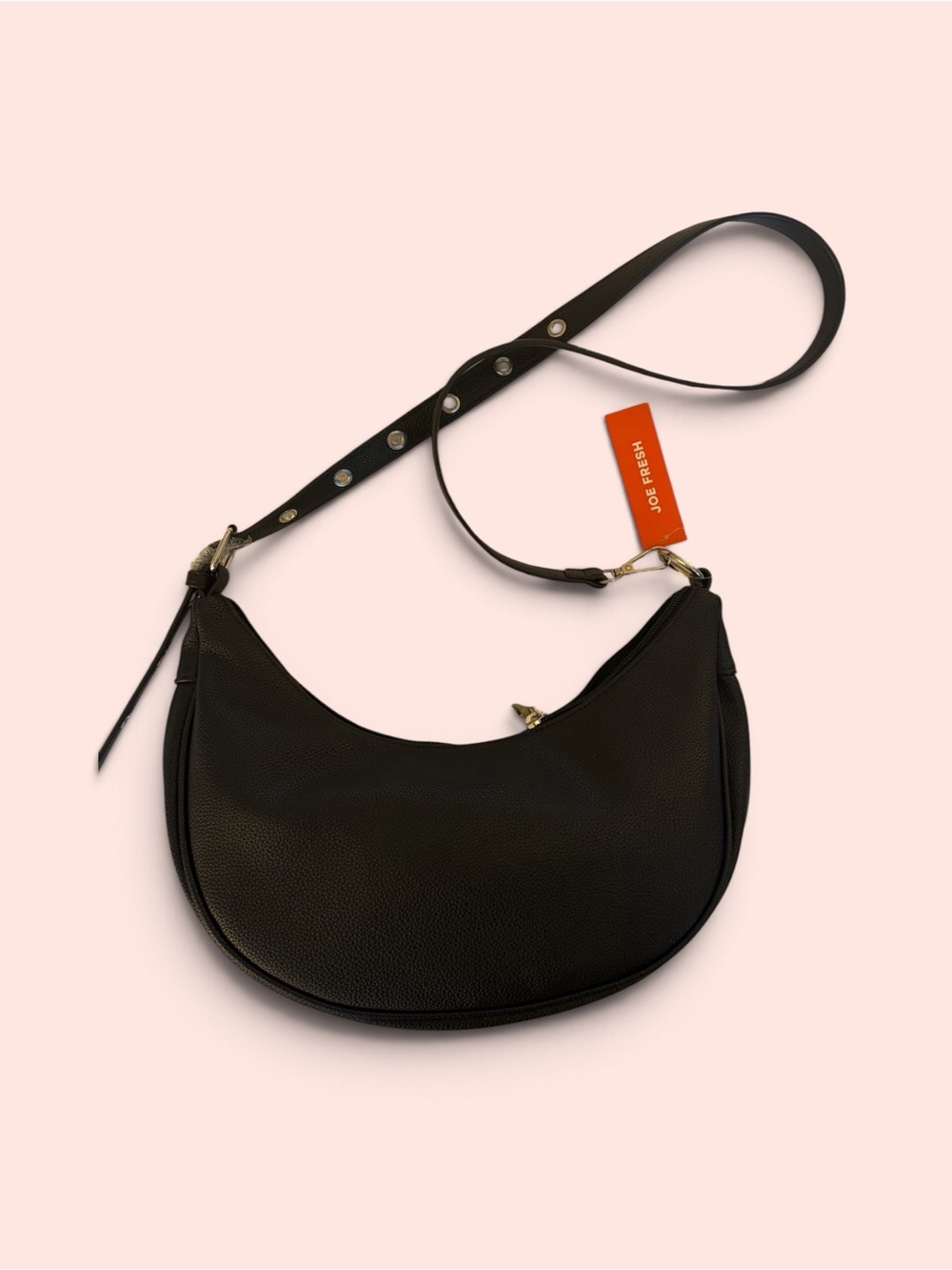 Black Crescent Shoulder Bag with Stud-Accent Adjustable Strap